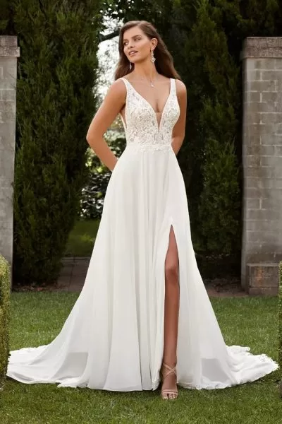 Sophia Tolli Claudia wedding dress - front view with classic A-line silhouette