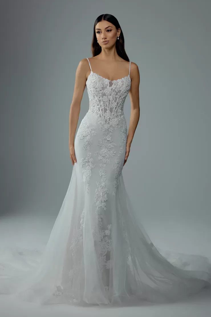 Sophia Tolli Esme wedding dress - front view with off-shoulder sleeves and fitted bodice