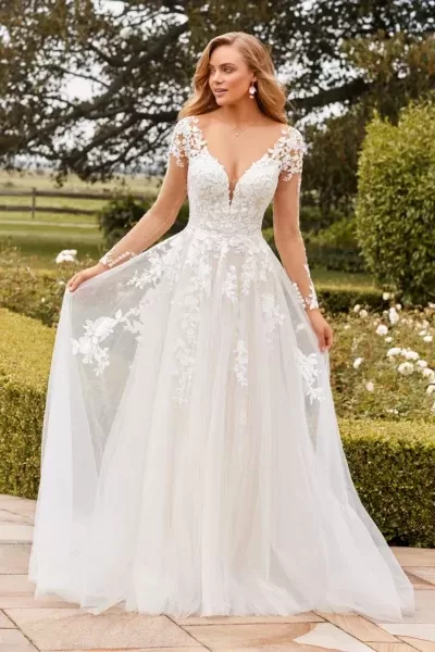 Sophia Tolli Illusion wedding dress - front view with sheer illusion neckline and lace detail