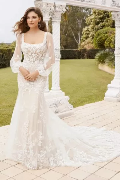Sophia Tolli Ivory wedding dress - back view with elegant bow detail and chapel train