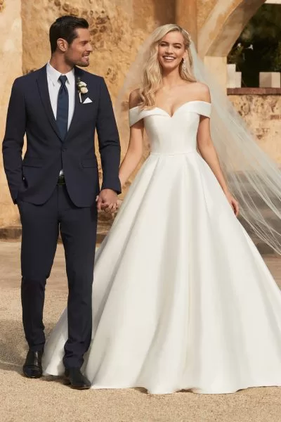 Sophia Tolli Kennedy wedding dress - front view with bateau neckline and lace sleeves