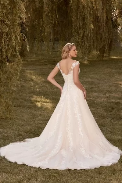 Sophia Tolli Kensley wedding dress - back view with sheer back panel and flowing skirt