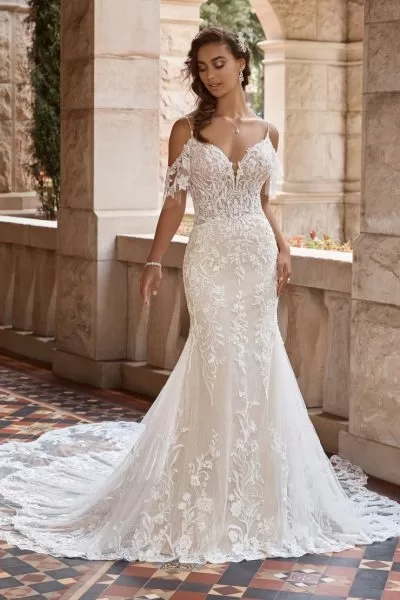 Sophia Tolli Leighton wedding dress - front view with long sleeves and fitted silhouette