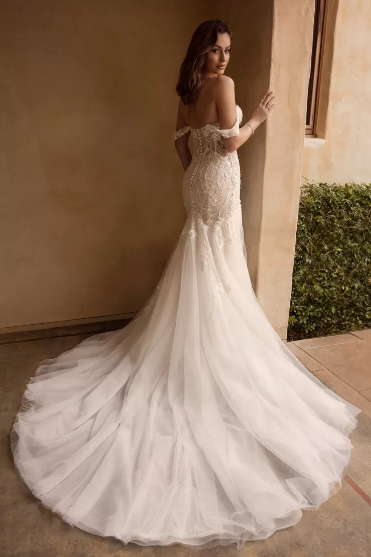 Sophia Tolli Lola wedding dress - back view with corset closure and layered train