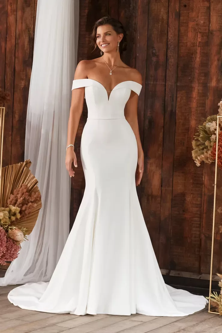 Sophia Tolli Lottie wedding dress - front view with vintage-inspired lace and tea-length hem