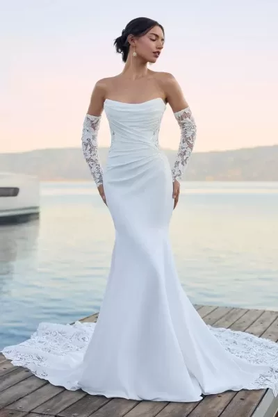Sophia Tolli Lucie wedding dress - front view with fitted silhouette and lace overlay