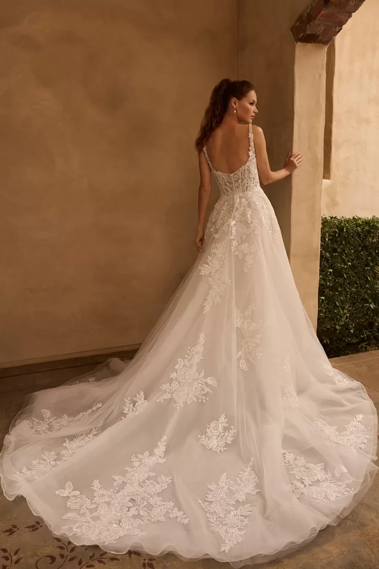Sophia Tolli Maya wedding dress - back view with open back design and flowing train