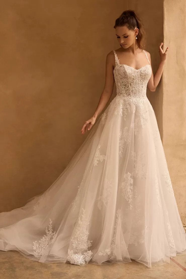 Sophia Tolli Maya wedding dress - front view with high neckline and beaded embellishment