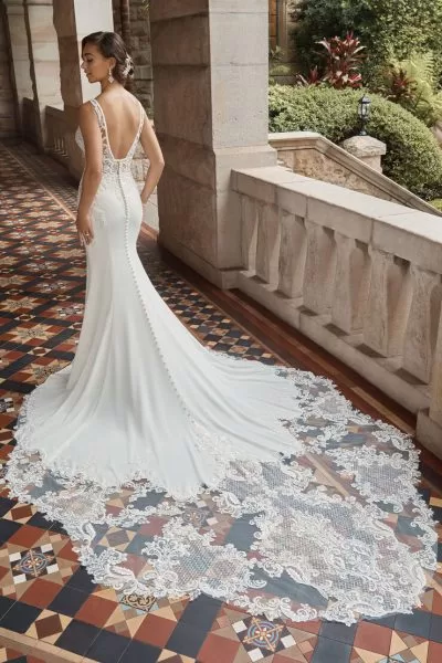 Sophia Tolli Romana wedding dress - back view with sheer back panel and button closure