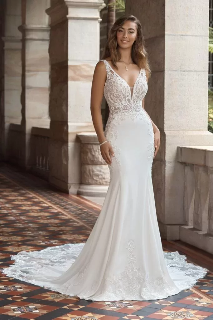 Sophia Tolli Romana wedding dress - front view with classic A-line shape and lace appliqué