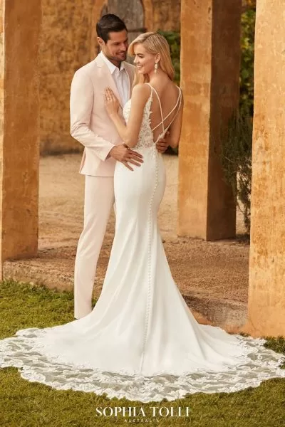 Sophia Tolli Tallulah wedding dress - back view with open back and floor-length train