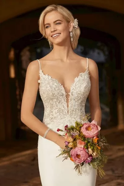 Sophia Tolli Tallulah wedding dress - front view with bohemian lace detail and flowing skirt